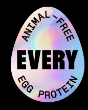 Holographic EVERY egg icon that says animal-free and egg-protein.